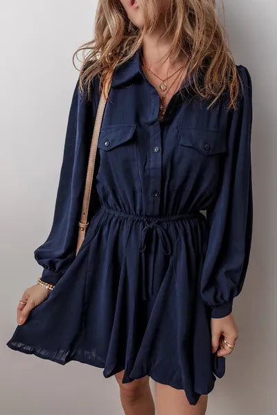 Robe longue à cordon de serrage, demi-boutonnée, manches longues