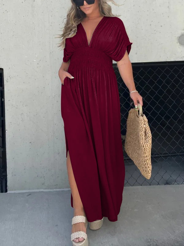 Robe Col V avec Fente et Taille Froncée (Achetez-en 2, Livraison Gratuite)