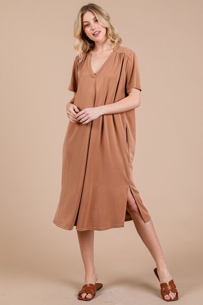 Ces Femme Robe Midi à Manches Courtes, Fentes Latérales et Poches