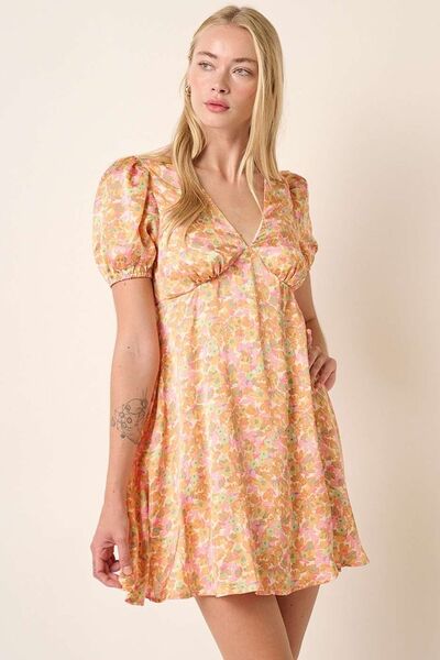 Robe courte à imprimé et col en V avec manches bouffantes Mittoshop