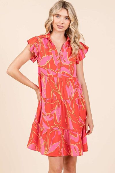 Mini-robe étagée à imprimé feuilles et manches à volants Mittoshop