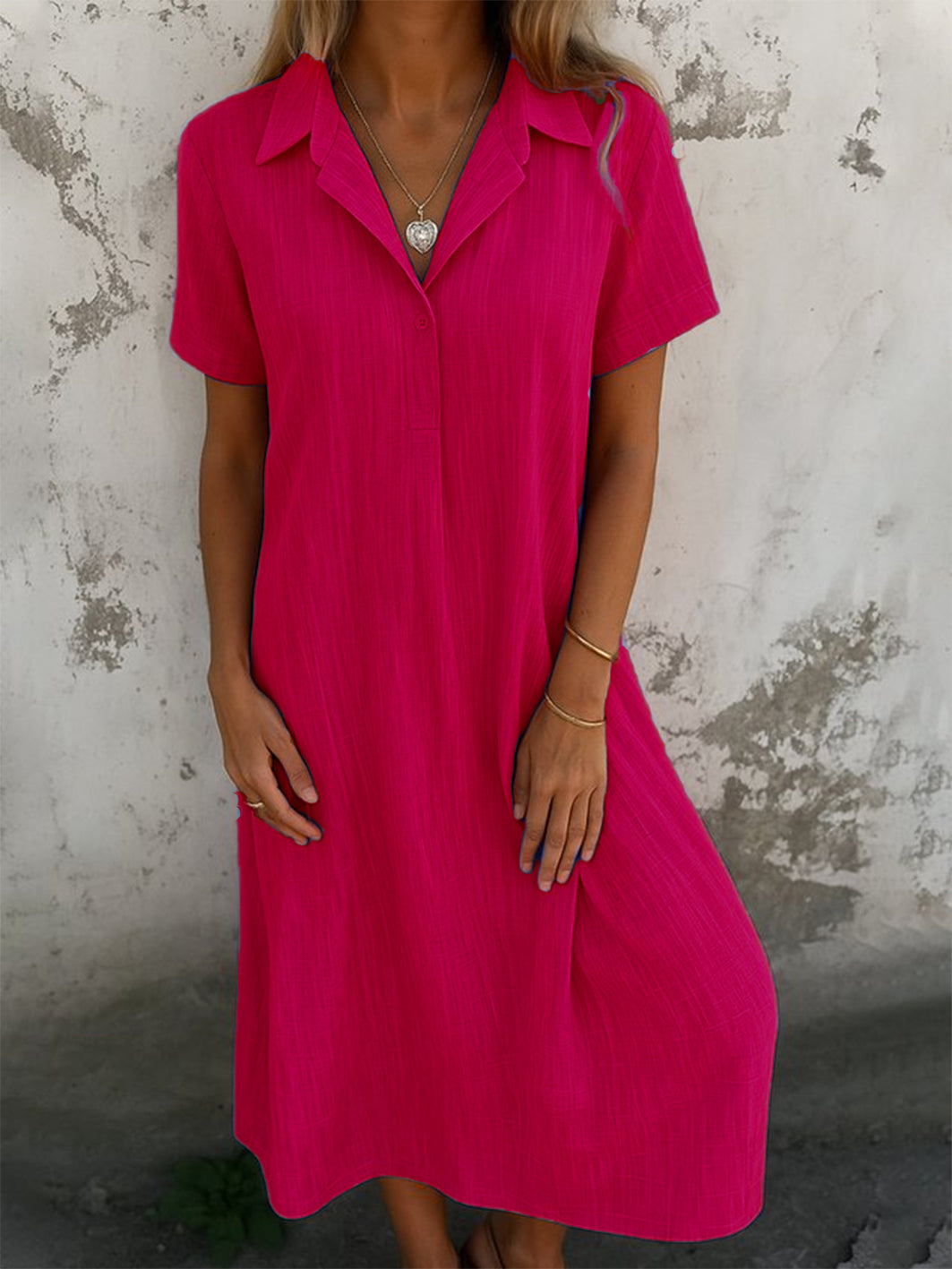 Robe longue décontractée quotidienne coupe trapèze à col chemise et manches courtes unie pour femme (achetez-en 2, livraison gratuite)