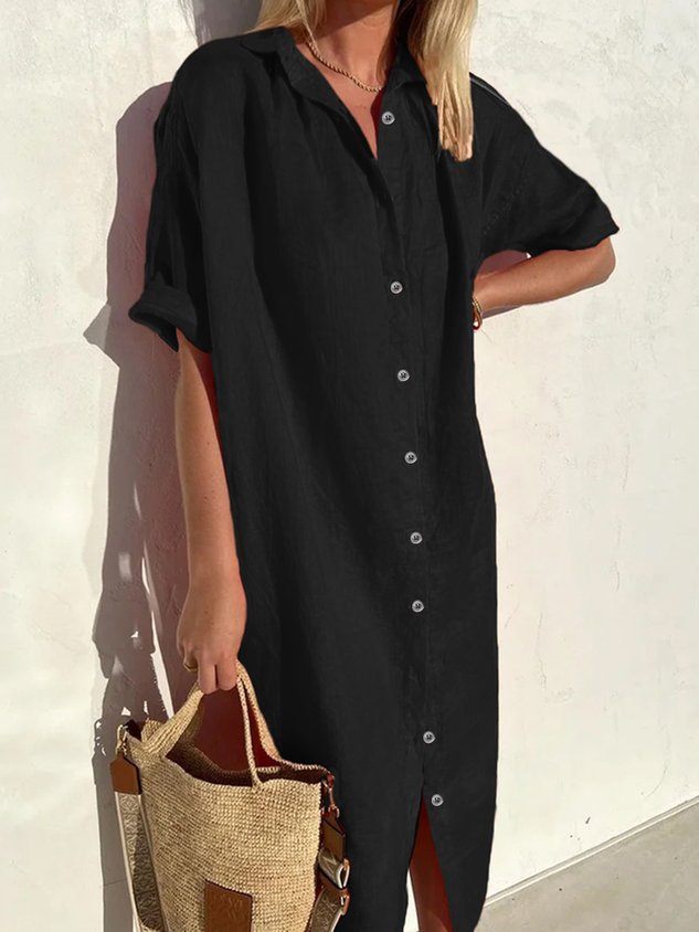 Damen Elegant Lässig Locker Halbarm Knopfleiste Vorne Halbarm Baumwoll-Leinen-Kleid
