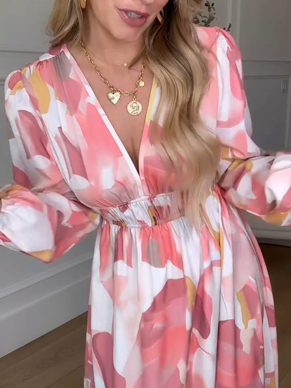 NEU🔥 Langärmeliges bedrucktes Kleid mit elastischer Taille
