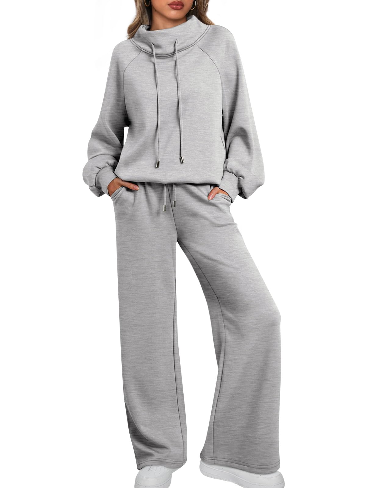 🎄Soldes de Noël 🔥 Ensemble décontracté deux pièces pour femme : sweat-shirt ample à col rond et cordon de serrage, et pantalon de jogging ample à jambes larges