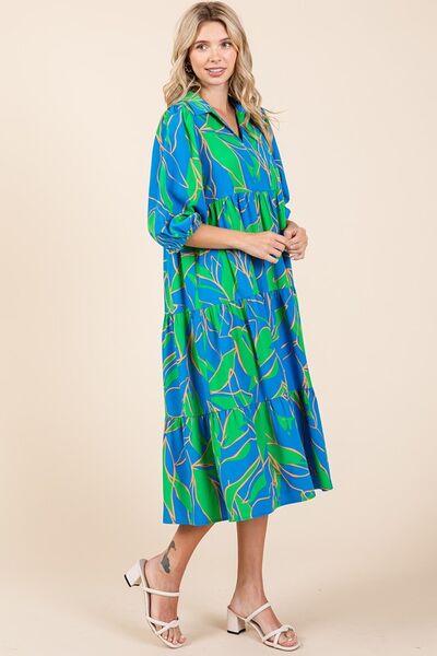 Mittoshop Gestuftes bedrucktes Midikleid mit Kragen