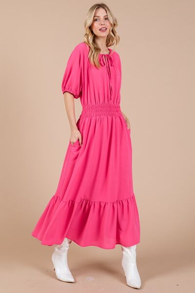 Robe Ces Femme à encolure nouée, manches bouffantes et taille élastiquée smockée