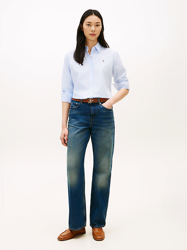 Whiskered Mid Rise Loose Straight Leg Jeans