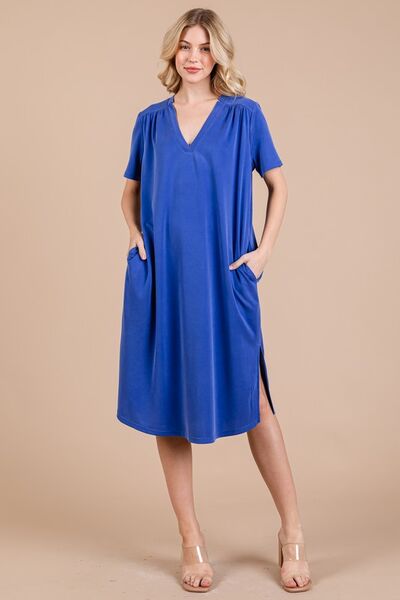Robe midi à manches courtes et fentes latérales avec poches Ces Femme