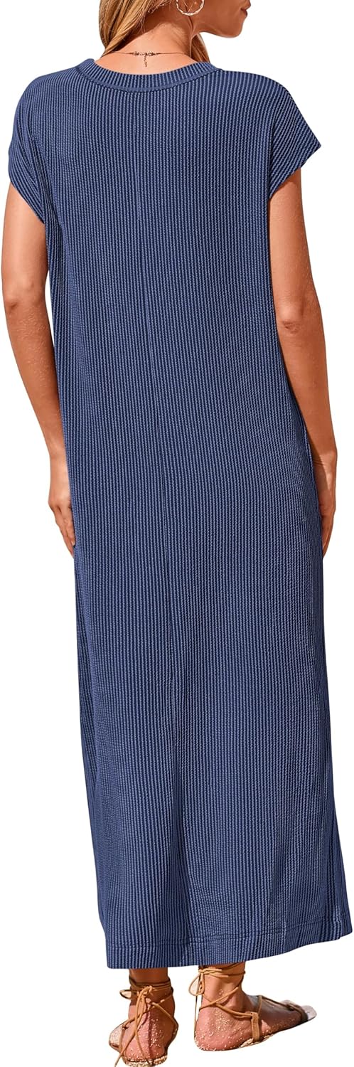 Robe longue fendue boutonnée Henley côtelée pour femme (achetez-en 2, livraison gratuite)