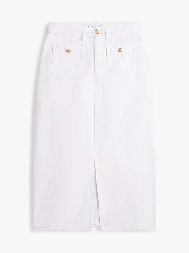 Gold-Tone Button White Denim Midi Skirt