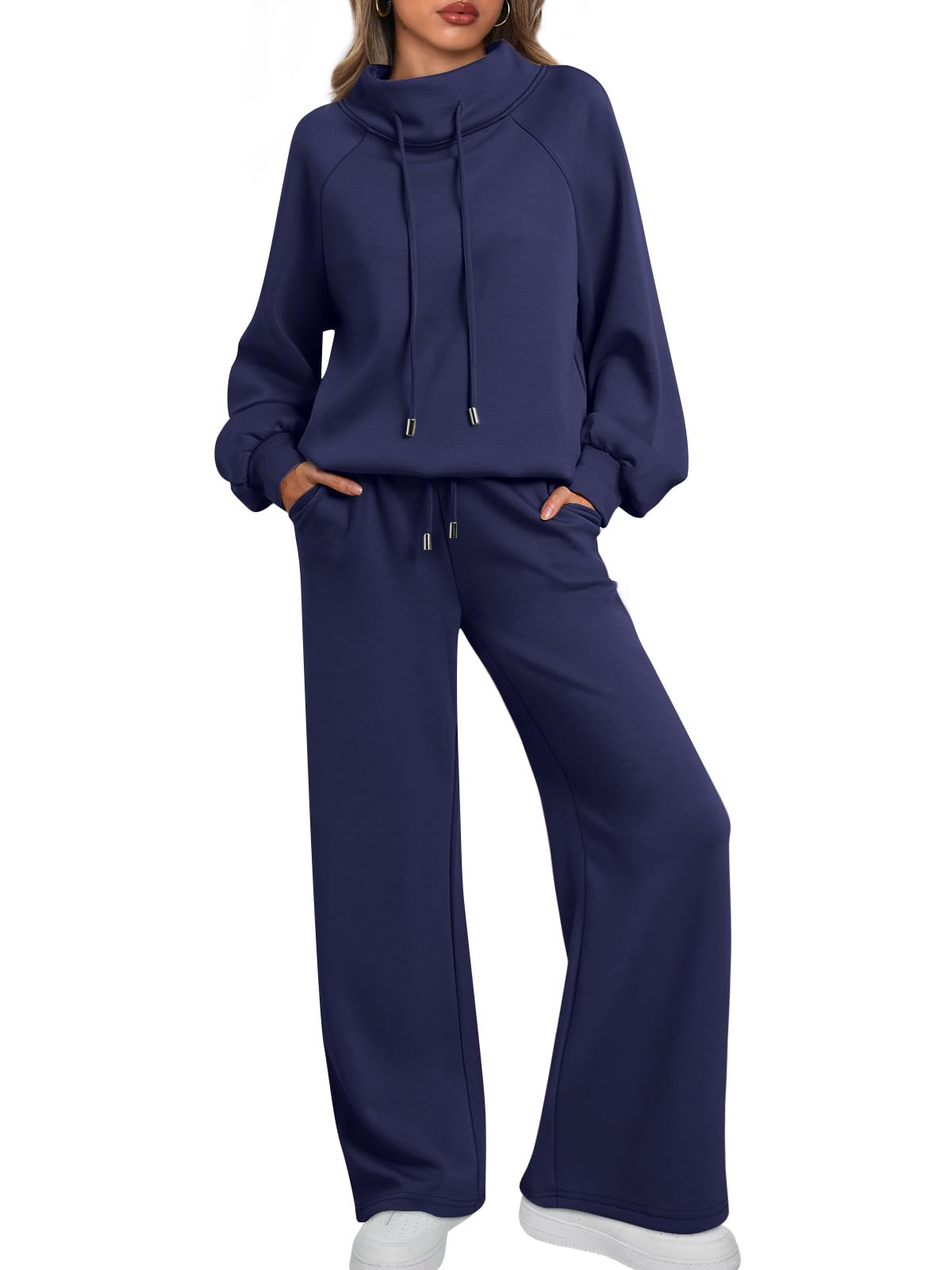 🎄Soldes de Noël 🔥 Ensemble décontracté deux pièces pour femme : sweat-shirt ample à col rond et cordon de serrage, et pantalon de jogging ample à jambes larges