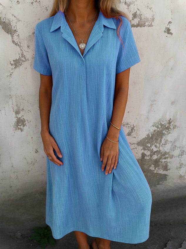 Robe longue décontractée quotidienne coupe trapèze à col chemise et manches courtes unie pour femme (achetez-en 2, livraison gratuite)