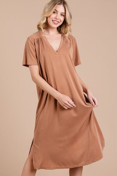 Ces Femme Robe Midi à Manches Courtes, Fentes Latérales et Poches