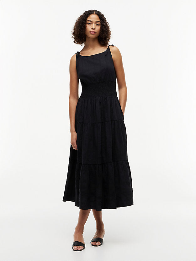 Self-Tie Strap Smock Midi Dress