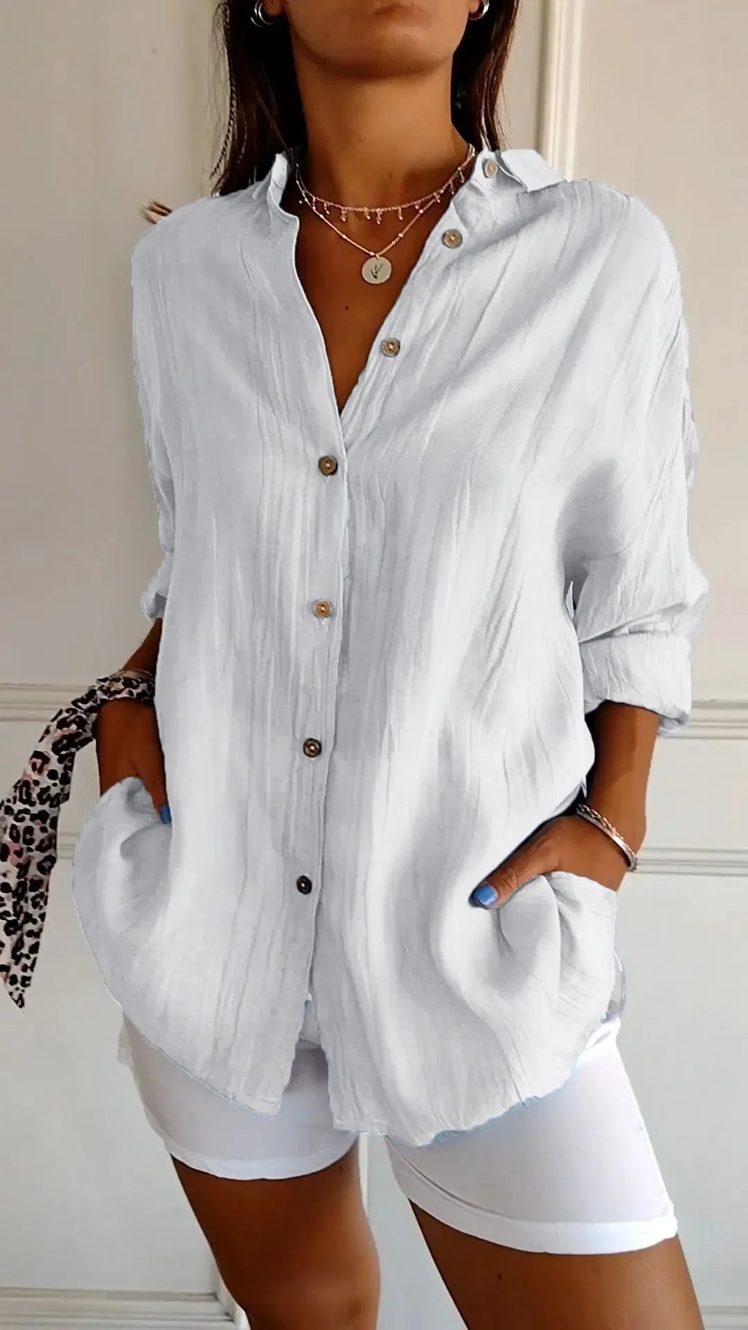 🌷Chemise classique plissée texturée à revers et simple boutonnage pour femme