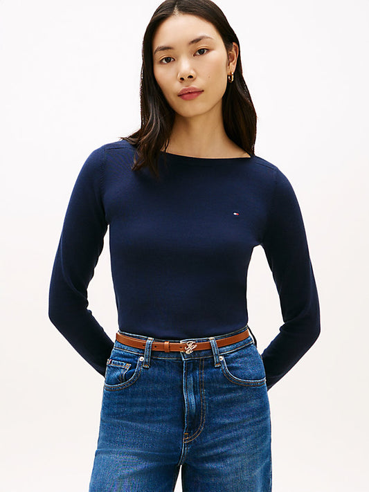 Gold-Tone Button Jersey Boat Neck Jumper