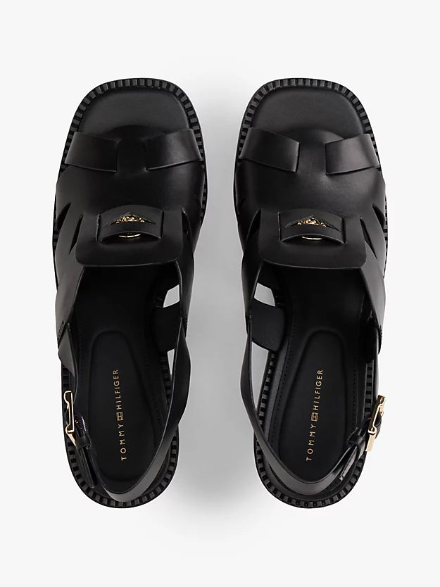 Leather Crest Block Heel Sandals