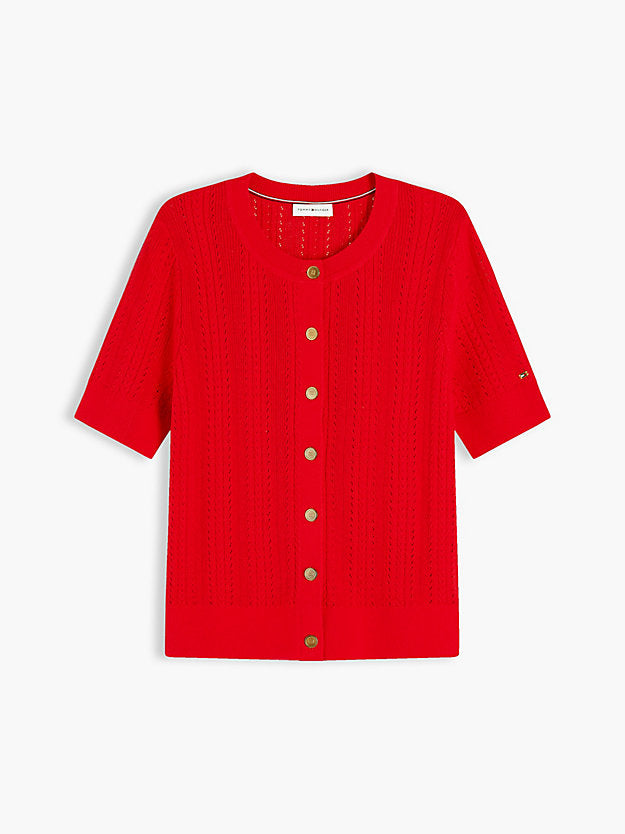 Pointelle Gold-Tone Button Short Sleeve Cardigan