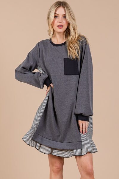 Robe sweat molletonnée Ces Femme à col rond, rayée et patchwork