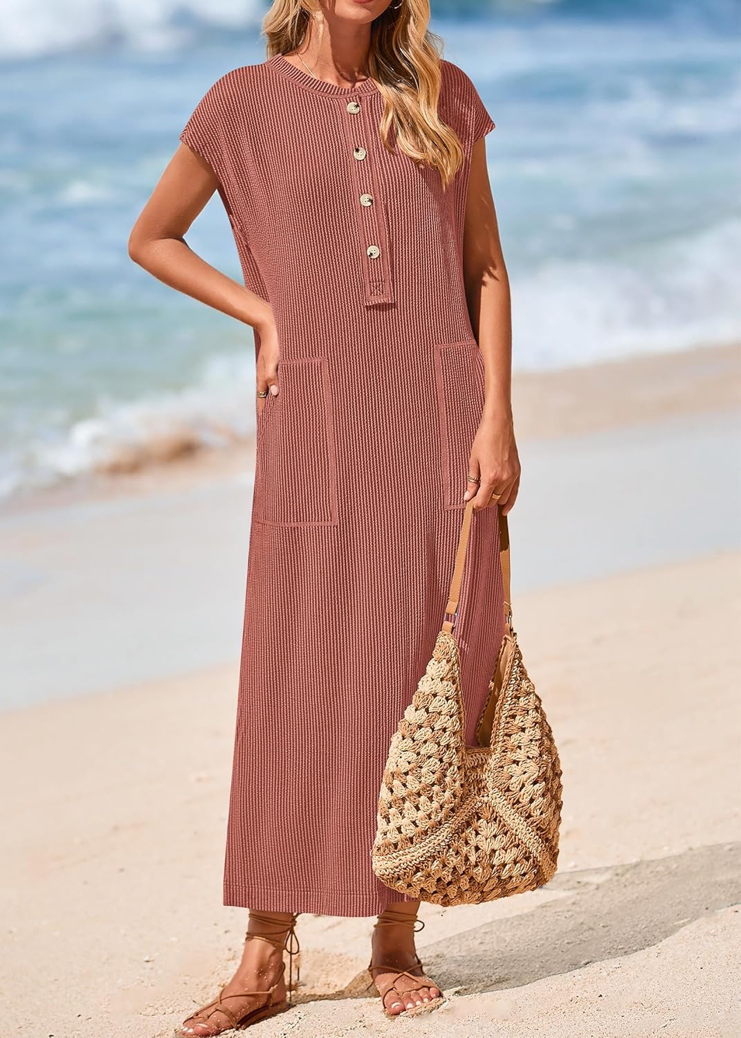 Robe longue fendue boutonnée Henley côtelée pour femme (achetez-en 2, livraison gratuite)