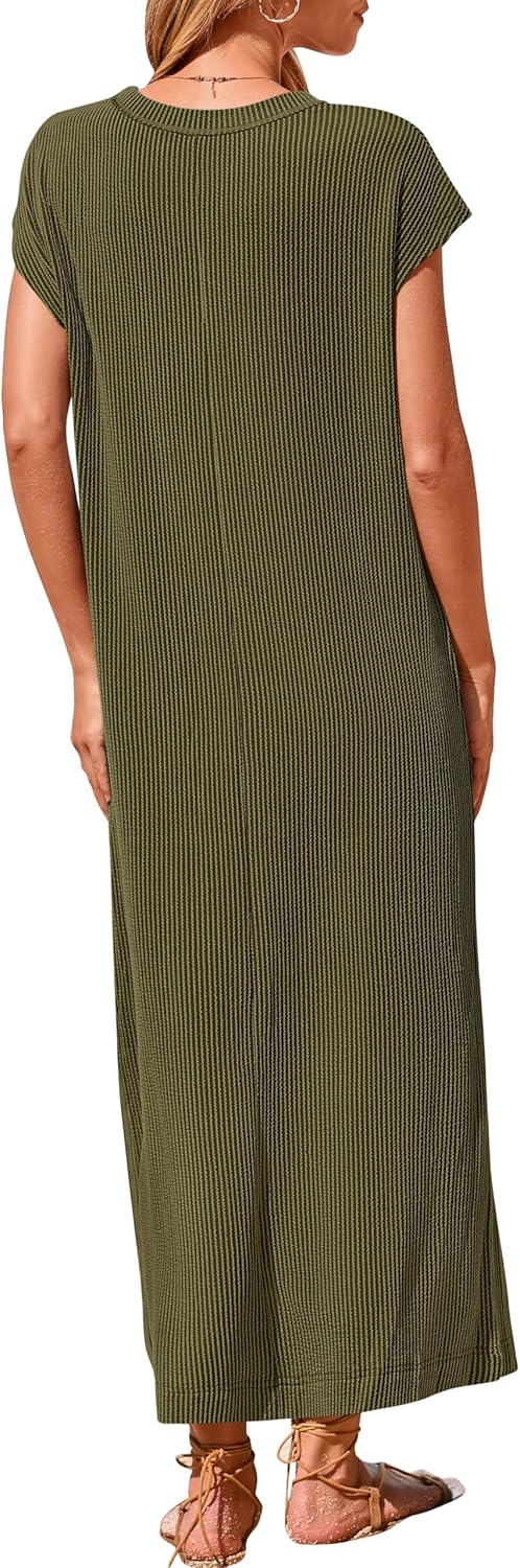 Robe longue fendue boutonnée Henley côtelée pour femme (achetez-en 2, livraison gratuite)