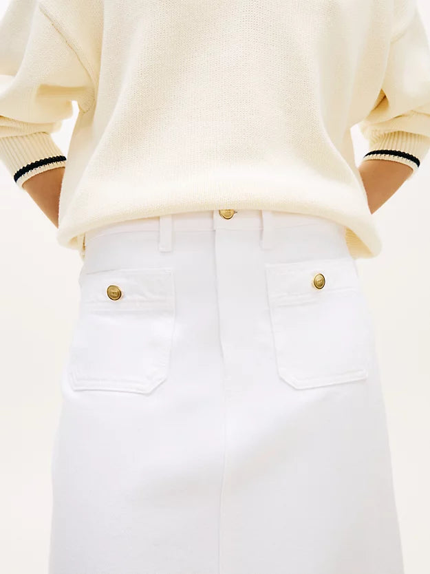 Gold-Tone Button White Denim Midi Skirt