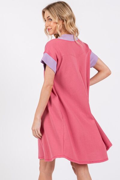 Robe Femme Col V Manches Courtes Bordure Contrastante