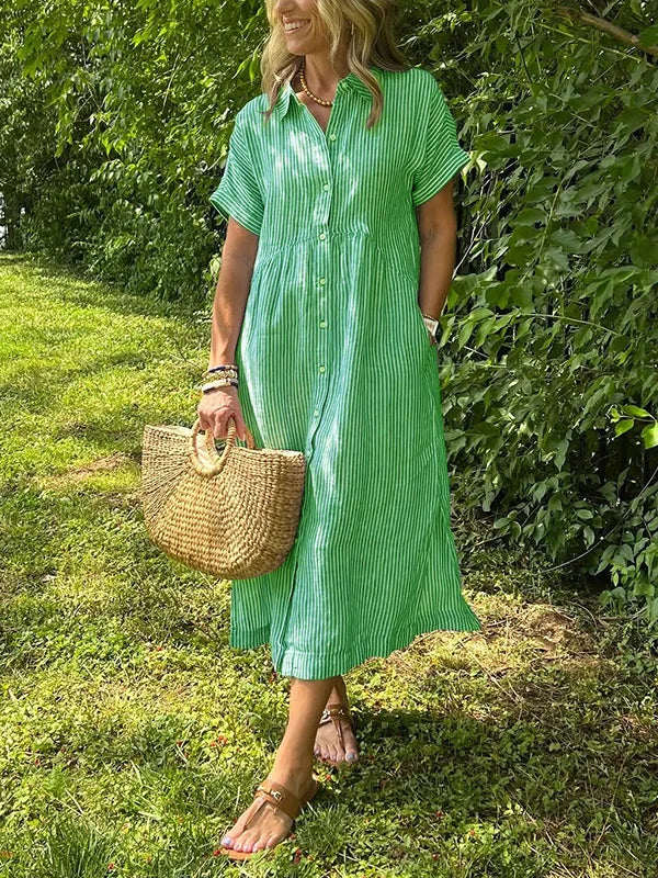 NOUVEAU🔥 Robe Chemise Boutonnée à Revers Rayée