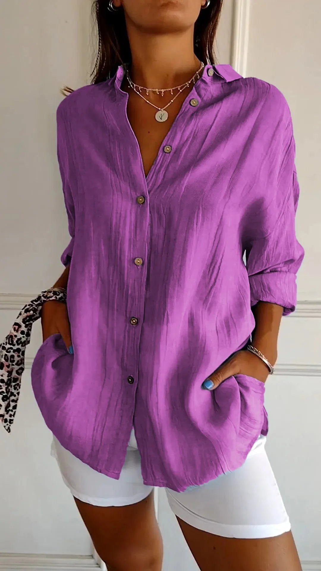 🌷Chemise classique plissée texturée à revers et simple boutonnage pour femme