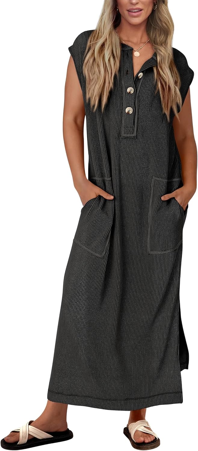Robe longue fendue boutonnée Henley côtelée pour femme (achetez-en 2, livraison gratuite)