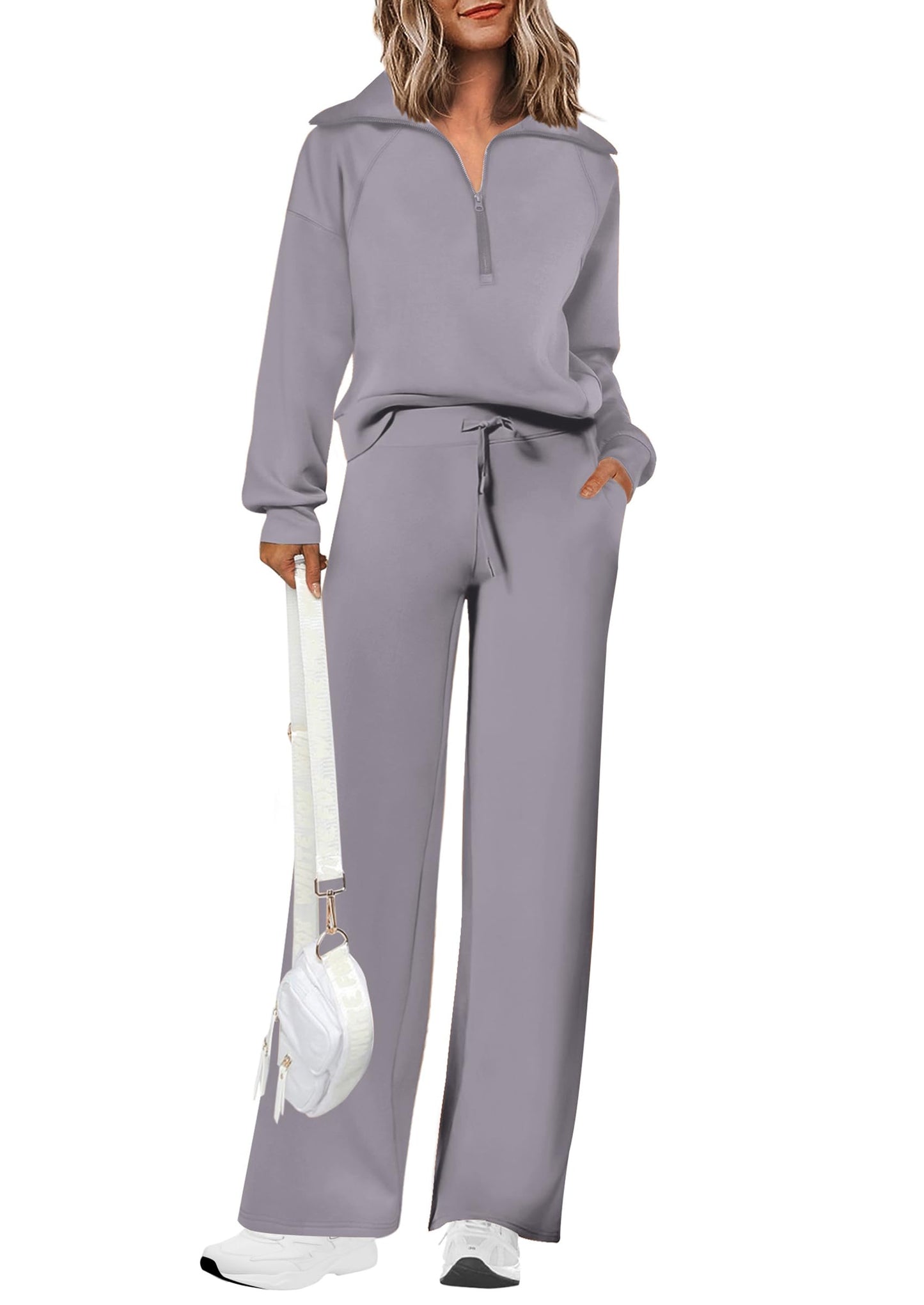 Ensembles deux pièces en coton pour femmes, sweat-shirt à col revers et demi-zip, pantalon de survêtement large, tenue décontractée