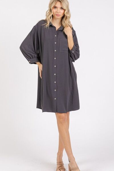 Mini-robe chemise boutonnée à manches 3/4 en tissu aérien Mittoshop