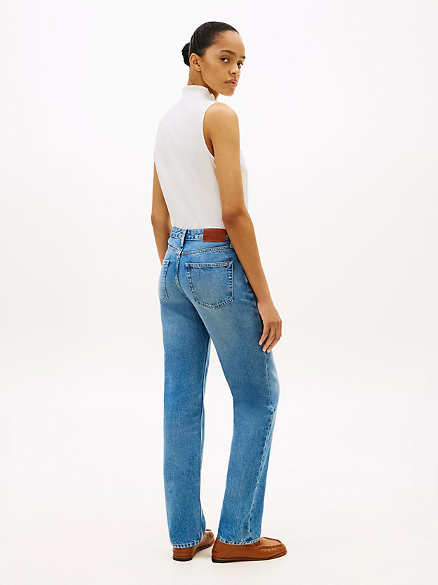 Whiskered Mid Rise Straight Leg Jeans