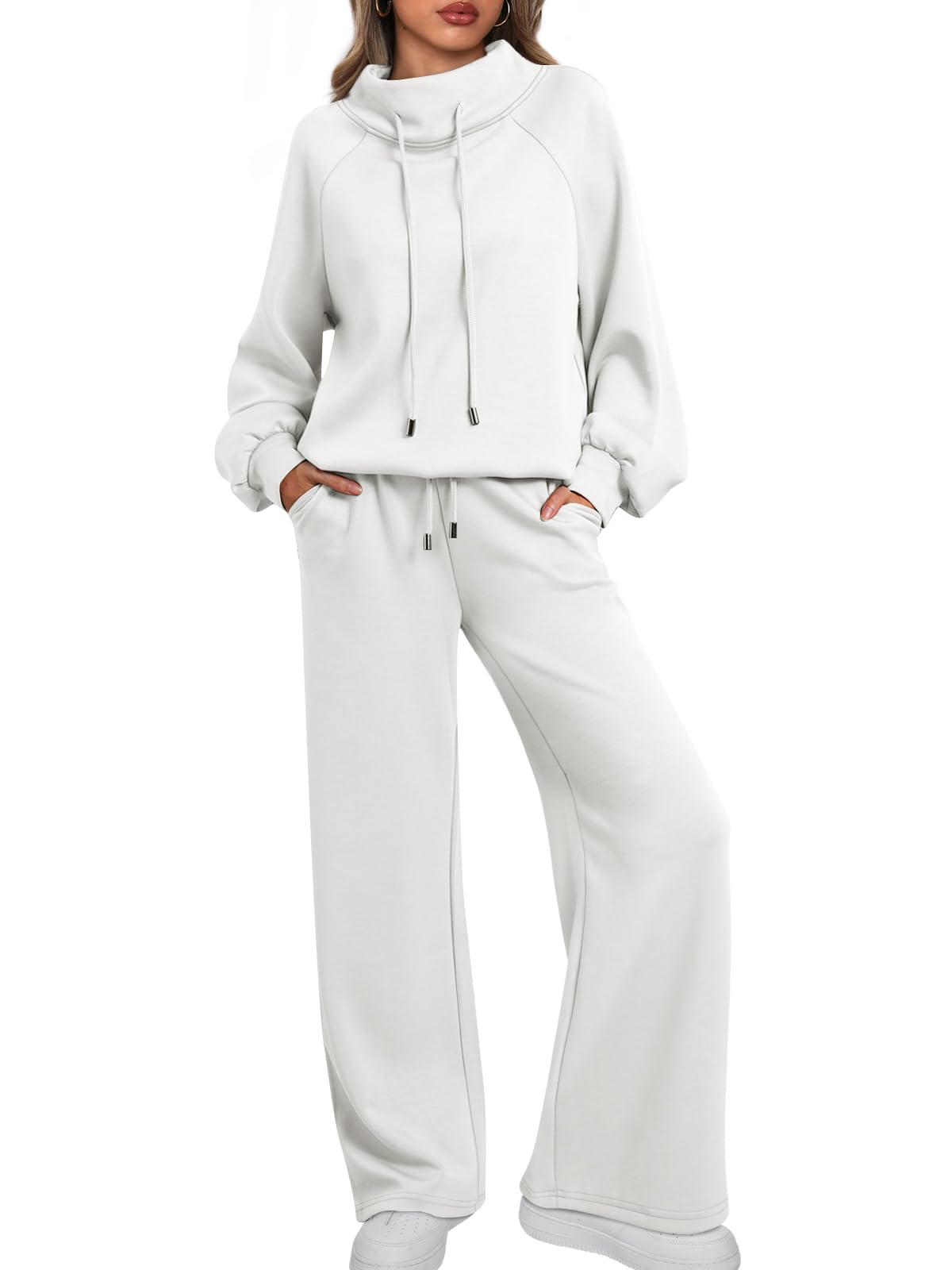 🎄Soldes de Noël 🔥 Ensemble décontracté deux pièces pour femme : sweat-shirt ample à col rond et cordon de serrage, et pantalon de jogging ample à jambes larges