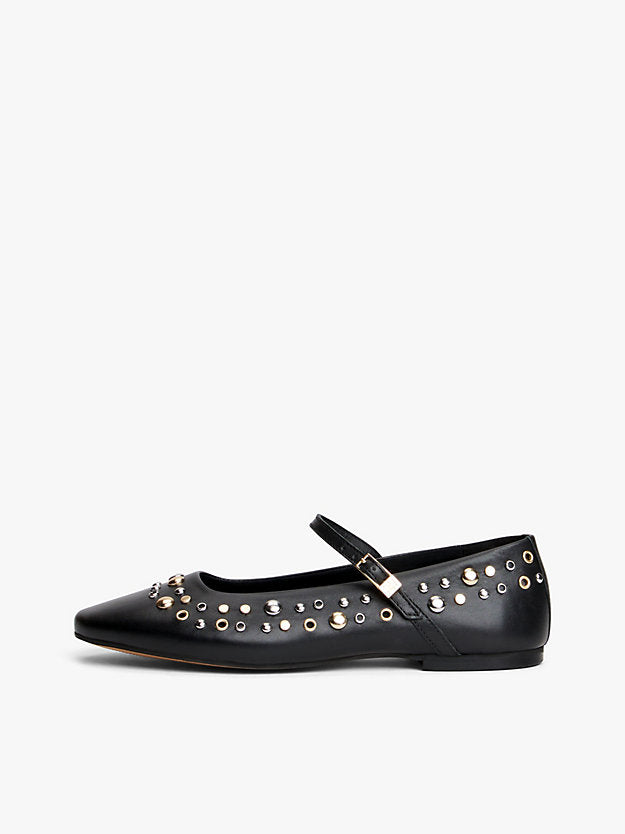 Stud Embellished Leather Buckle Ballerinas
