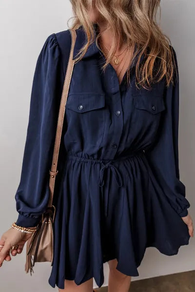 Robe longue à cordon de serrage, demi-boutonnée, manches longues