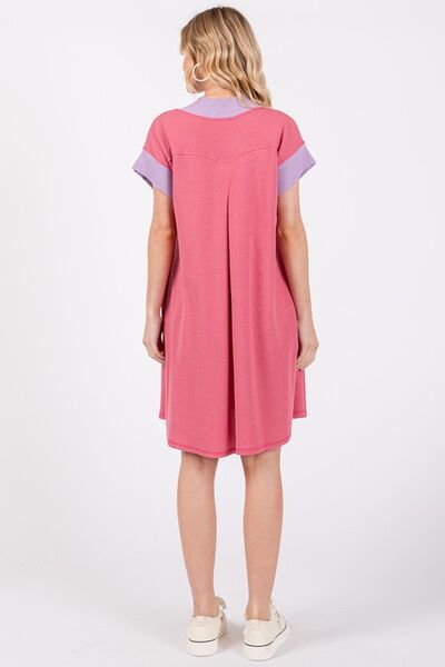 Robe Femme Col V Manches Courtes Bordure Contrastante