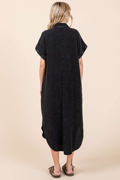 Robe chemise mi-longue boutonnée à col en V, délavage minéral Mittoshop