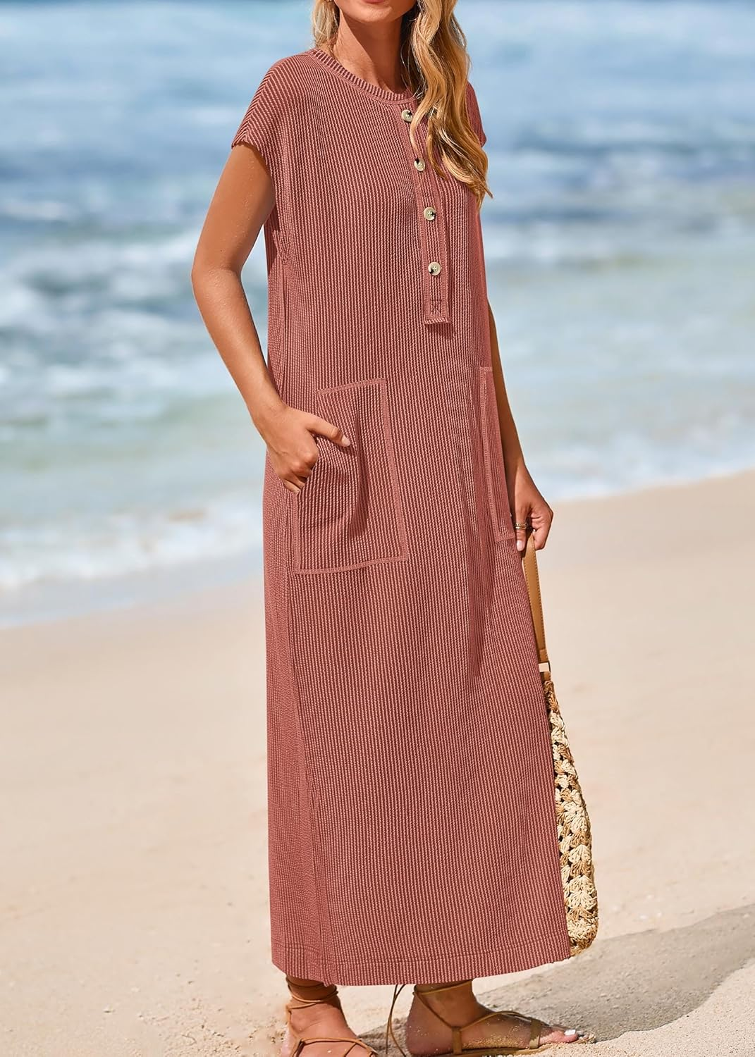 Robe longue fendue boutonnée Henley côtelée pour femme (achetez-en 2, livraison gratuite)