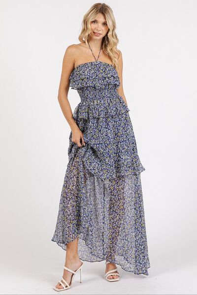 Robe longue à fleurs avec dos nu et smocks volantés Mittoshop
