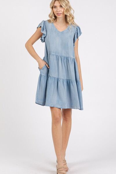 Mini-robe Mittoshop à col en V, volants et manches courtes