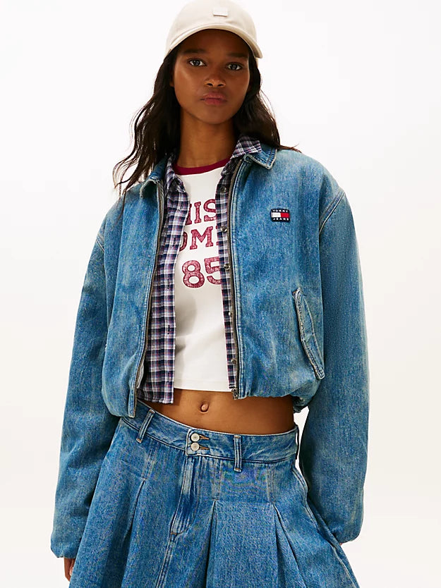Relaxed Padded Denim Harrington Jacket