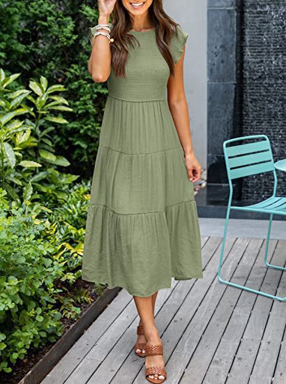 Damen Sommer Freizeit Rüschenärmel Midikleid