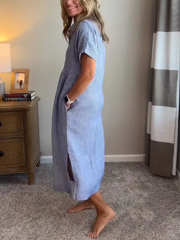 NOUVEAU🔥 Robe Chemise Boutonnée à Revers Rayée