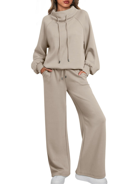 🎄Soldes de Noël 🔥 Ensemble décontracté deux pièces pour femme : sweat-shirt ample à col rond et cordon de serrage, et pantalon de jogging ample à jambes larges