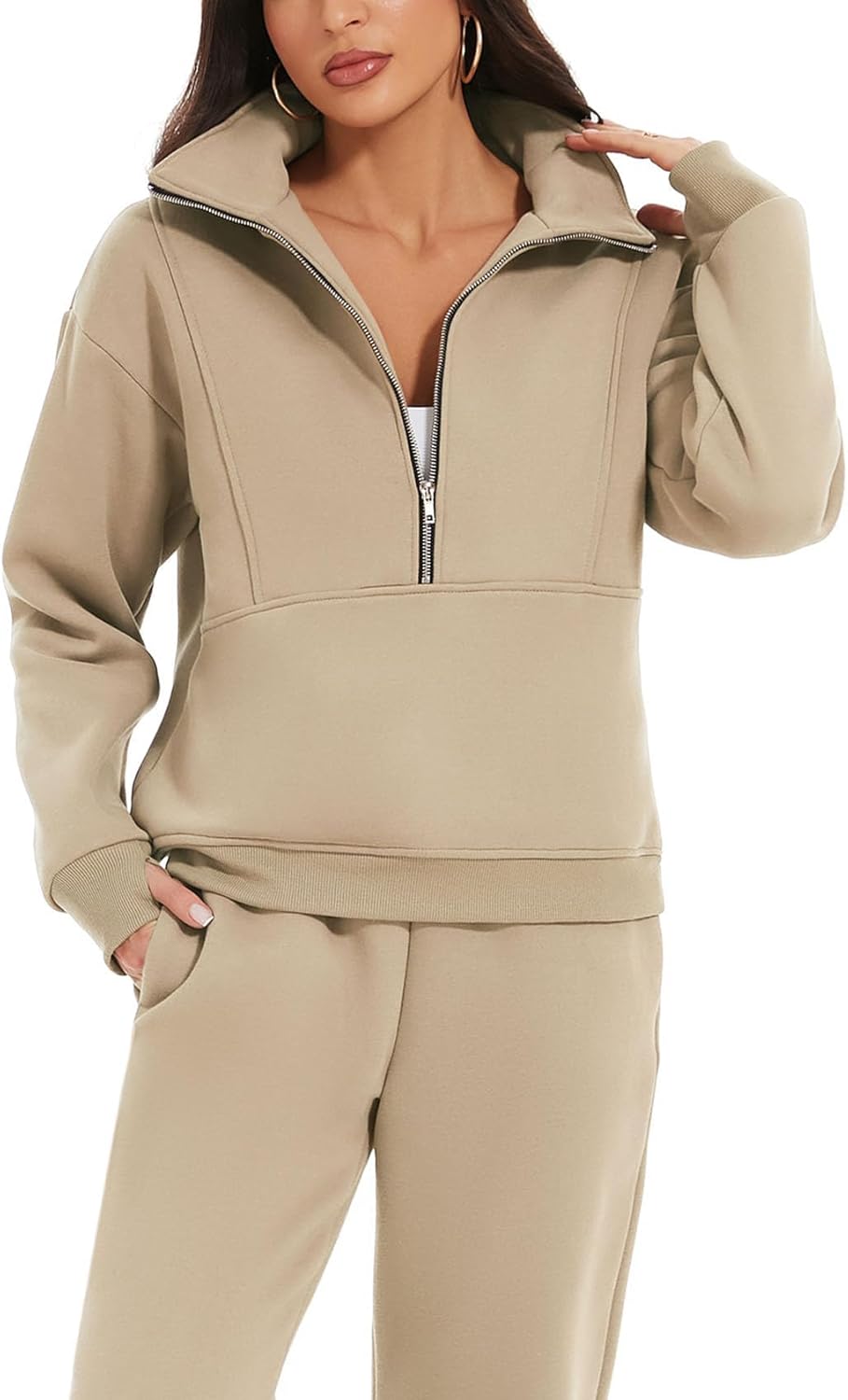 NEU🔥Damen 2-teiliges Outfit Fleece Half Zip Sweatshirt Jogger Hose Set Trainingsanzug