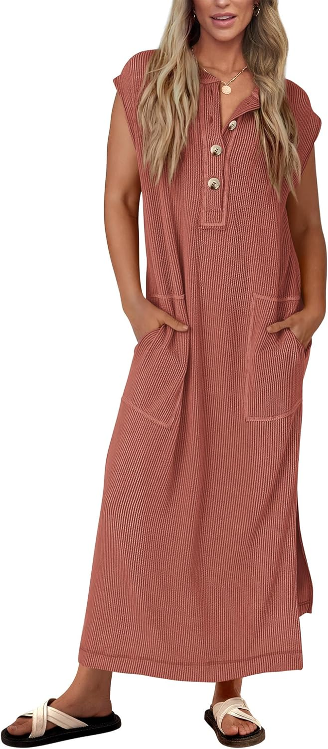 Robe longue fendue boutonnée Henley côtelée pour femme (achetez-en 2, livraison gratuite)