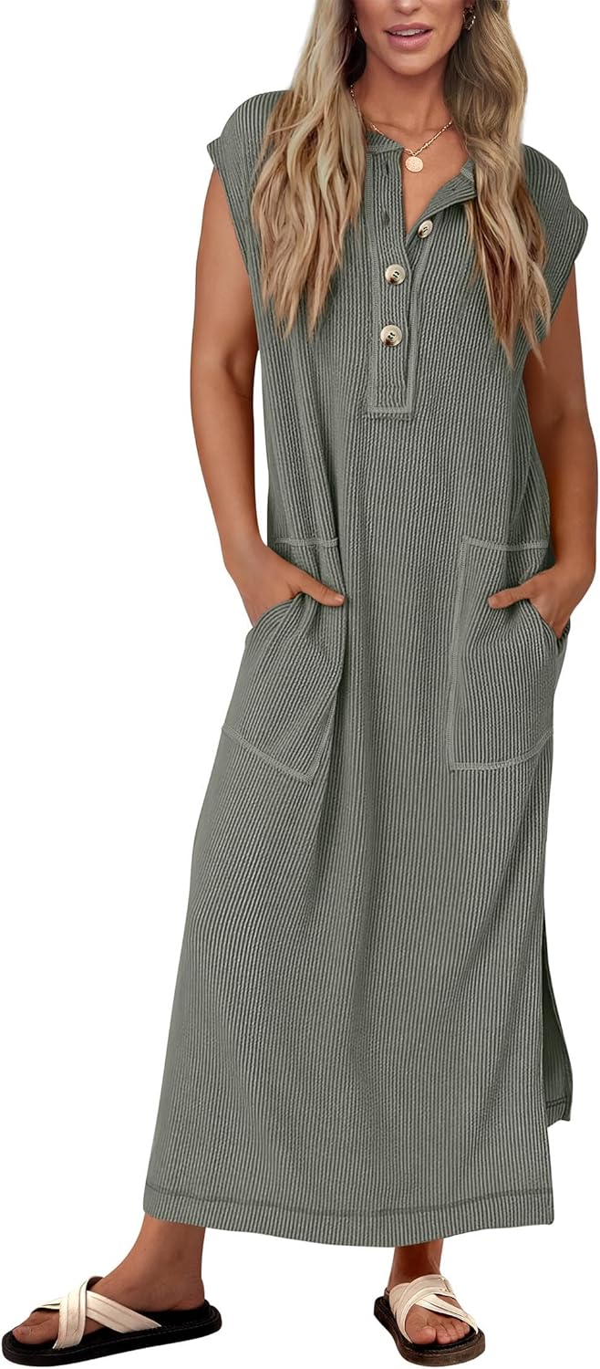 Robe longue fendue boutonnée Henley côtelée pour femme (achetez-en 2, livraison gratuite)
