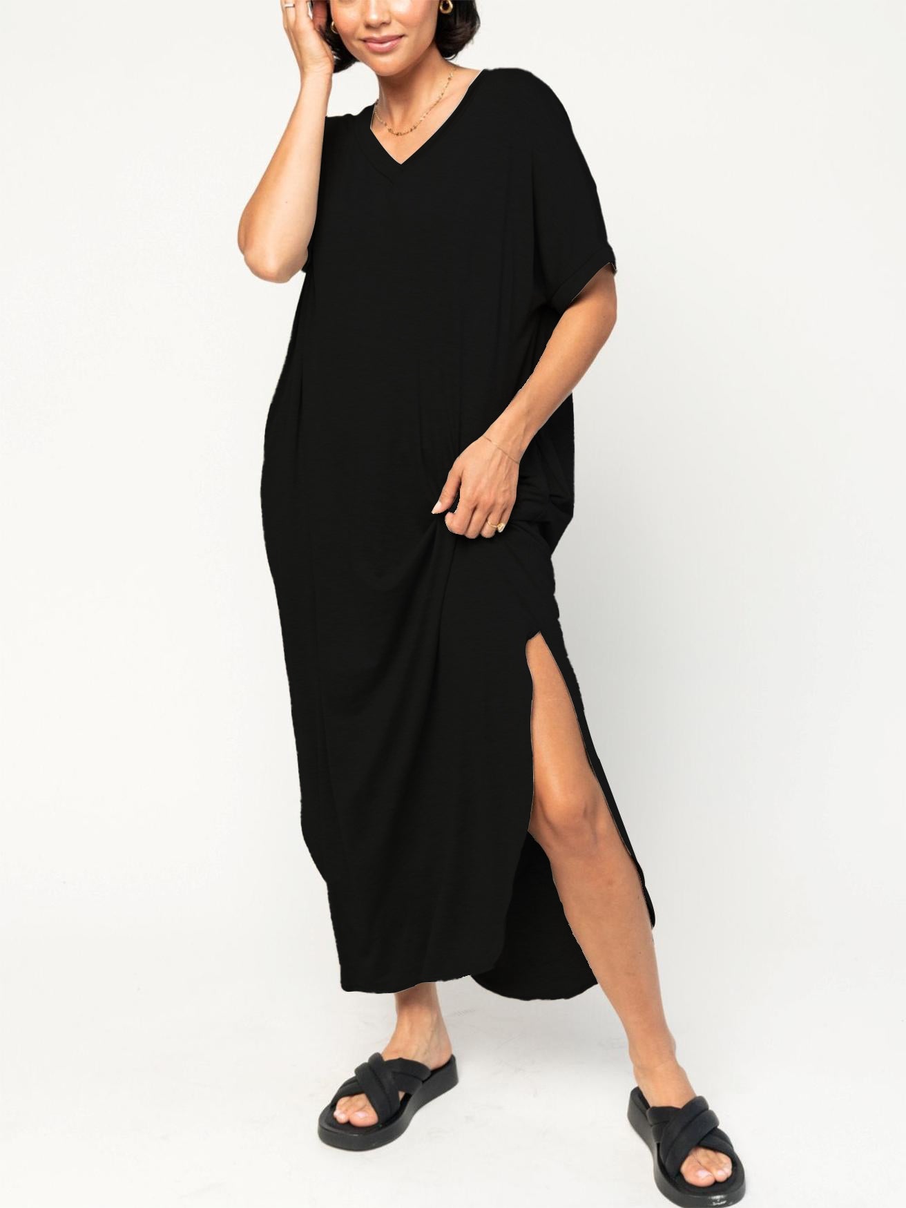 Robe T-shirt ample à col en V fendu pour femme (2 achetées = livraison gratuite)